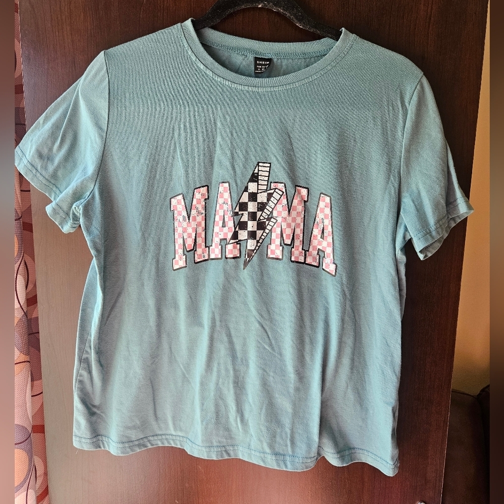 SHEIN Teal 'Mama' Graphic Tee With Distressed Letters
